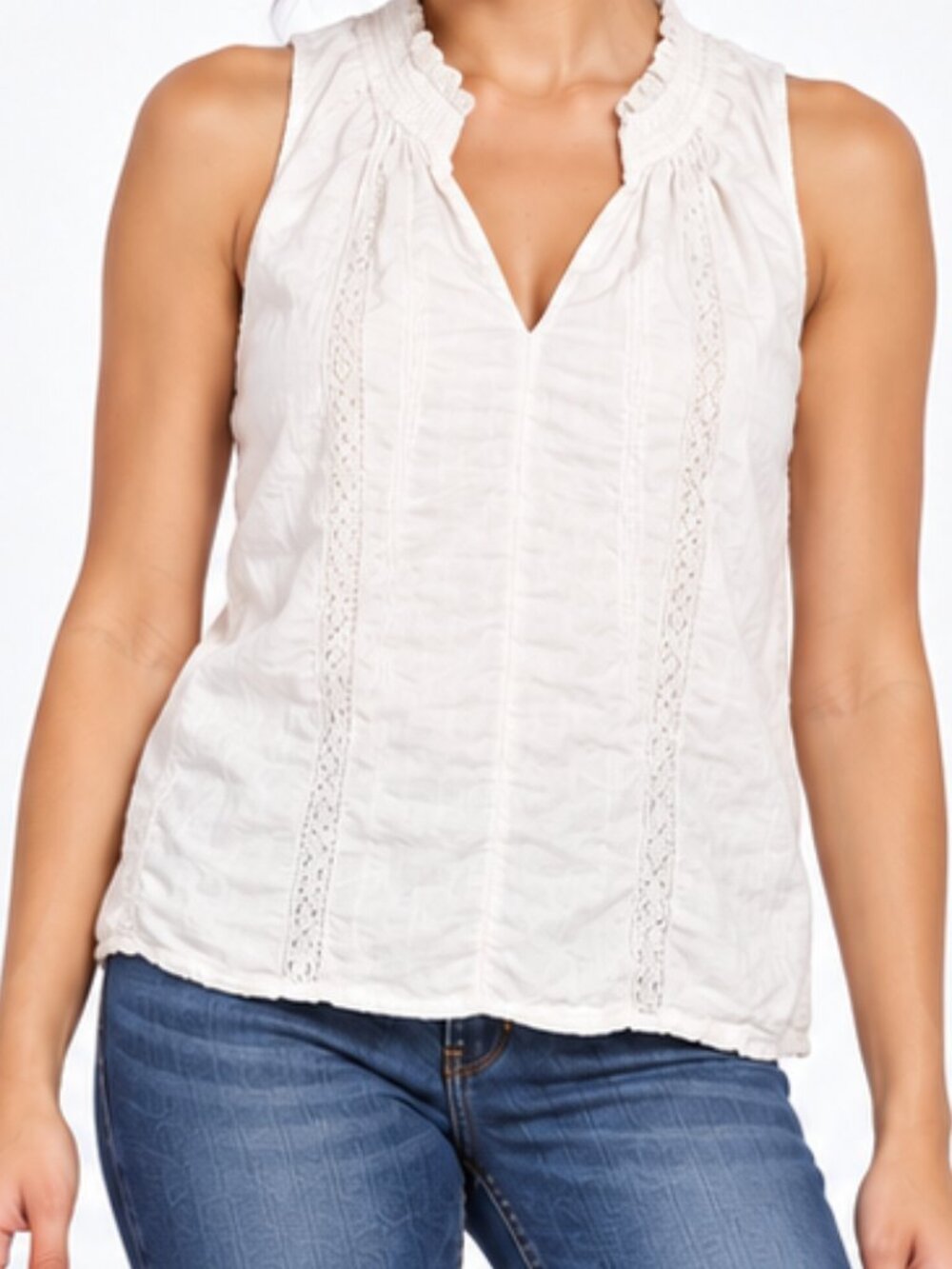 Elizabeth and James White Cotton Sleeveless Blouse Large Ruched Neck
